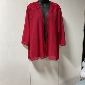 Red Sheer Lace Yoke Open Front Kimono Cardigan